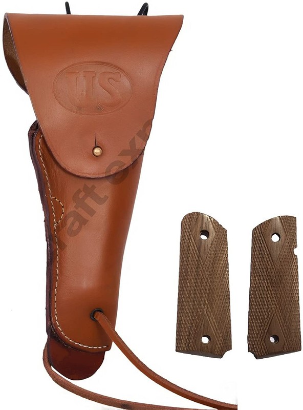 WW2 US Army .45 Hip M1911 Colt Tan Leather Holster with Walnut Wood Colt Grip