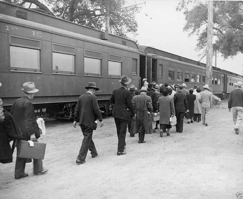 Japanese Internees Boarding Train Santa Anita 1942 8×10 World War II WW2 Photo