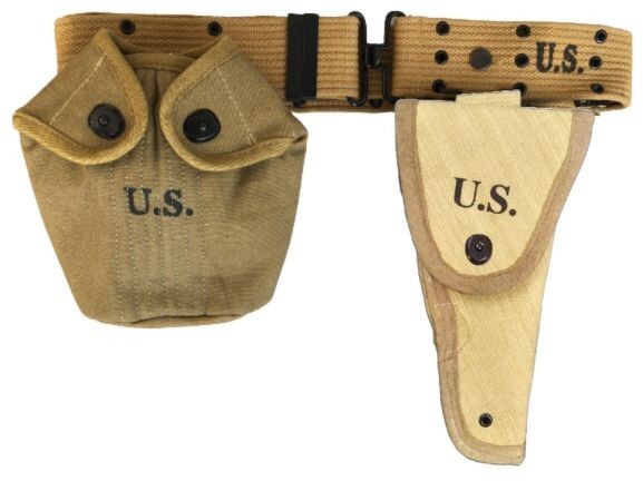US WWII Canvas Pistol Belt with Colt canvas Holster and Canteen Bottle Set
