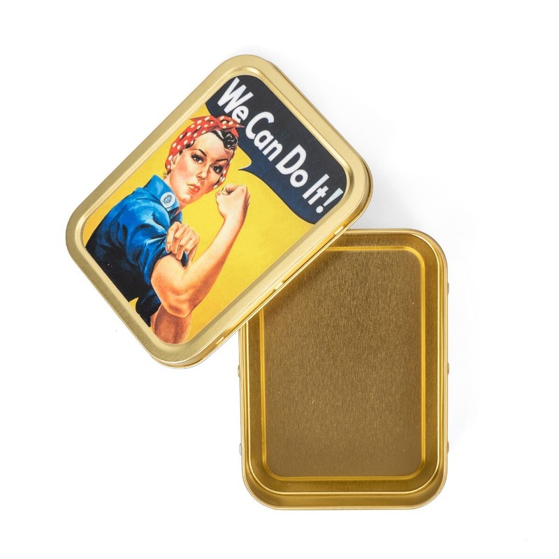 WW2 Themed Novelty Rosie Riveter Metal Tin- US Propaganda Design- Empty Tin Box gallery