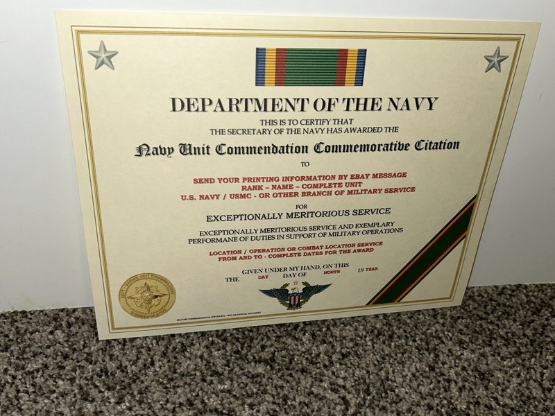 U.S. NAVY UNIT COMMENDATION COMMEMORATIVE CITATION CERTIFICATE ~W/PRINTING T-1 gallery