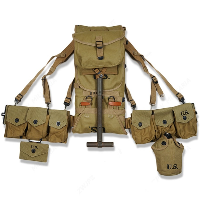 US ARMY EQUIPMENT M1928 BAG BELT FIRST AID KIT AND 0.8L KETTLE X- TYPE STRAPS