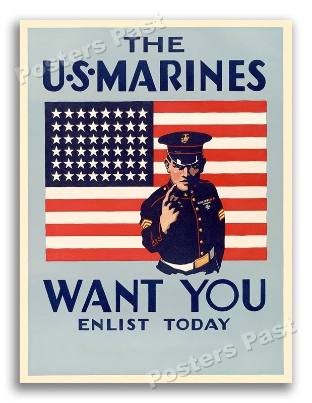 1940s The U.S. Marines Want You! WWII Historic War Recruiting Poster - 24x32