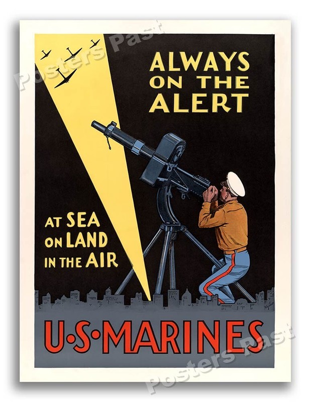 1940s US Marines “Always on Alert!” WWII Historic War Recruitment Poster – 18×24