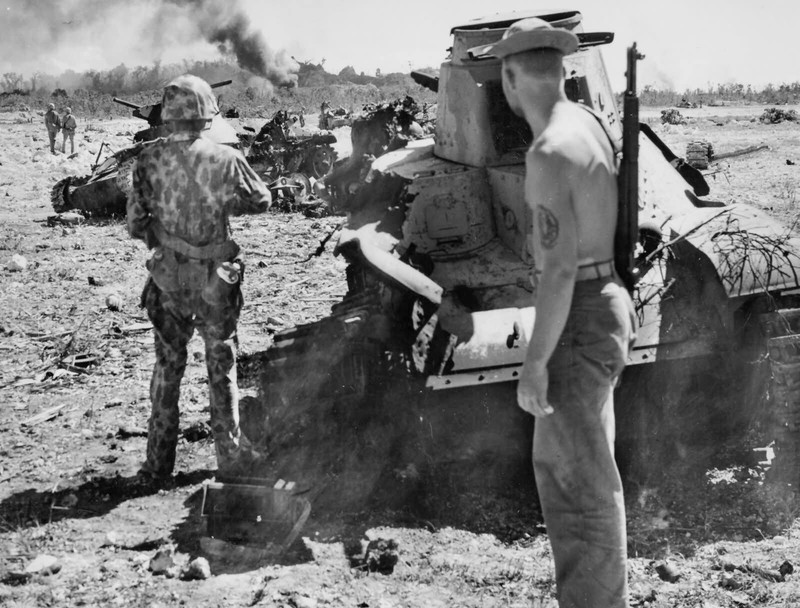 WW2 WWII Photo US Marines Japanese Type 95 Tanks Peleliu World War Two / 4184