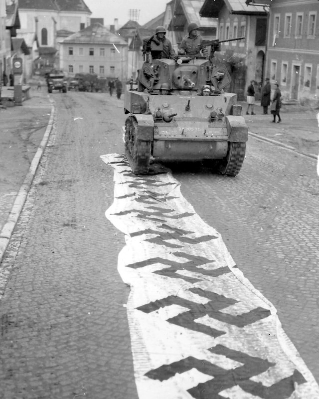 Armored Division M5 Stuart Runs Over Captured German Flags WW2 8×10 Photo 874c