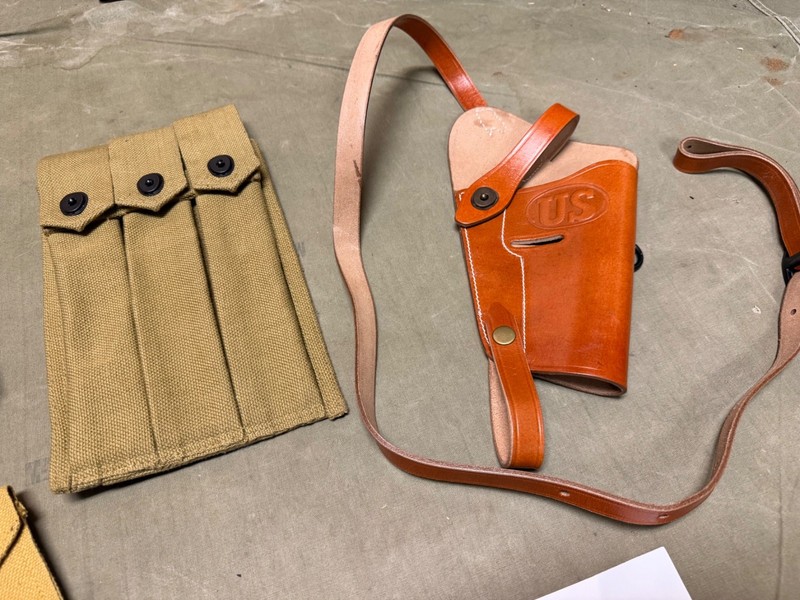 WWII US AIRBORNE PARATROOPER THOMPSON AMMO POUCH, M3 .45 HOLSTER BELT GEAR LOT gallery