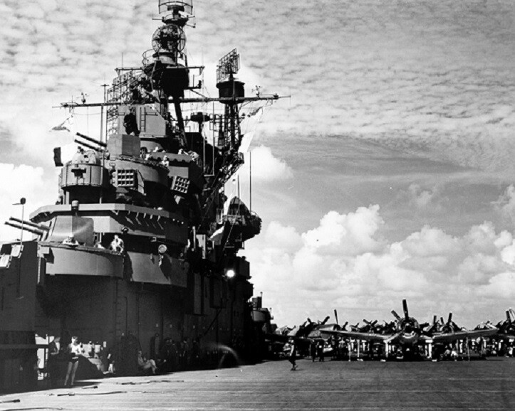 View of Island of the US Navy Aircraft Carrier USS Hornet 8X10 WWII Photo 102a