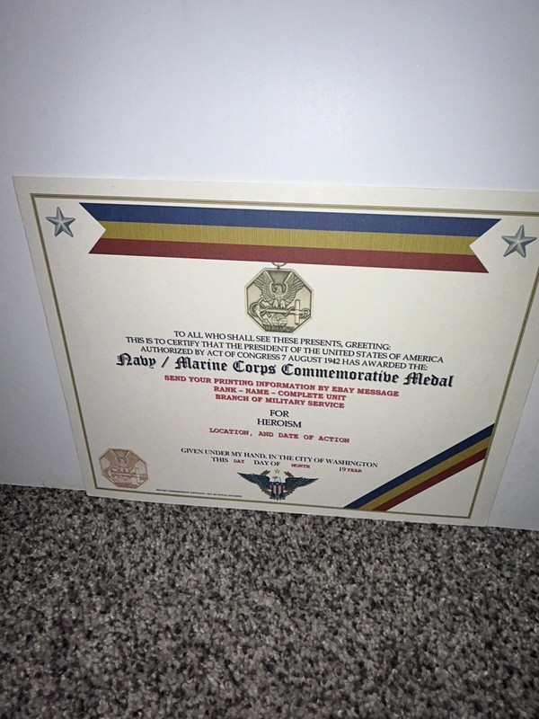 NAVY MARINE CORPS MEDAL COMMEMORATIVE MEDAL CERTIFICATE ~ W/PRINTING T-1 gallery