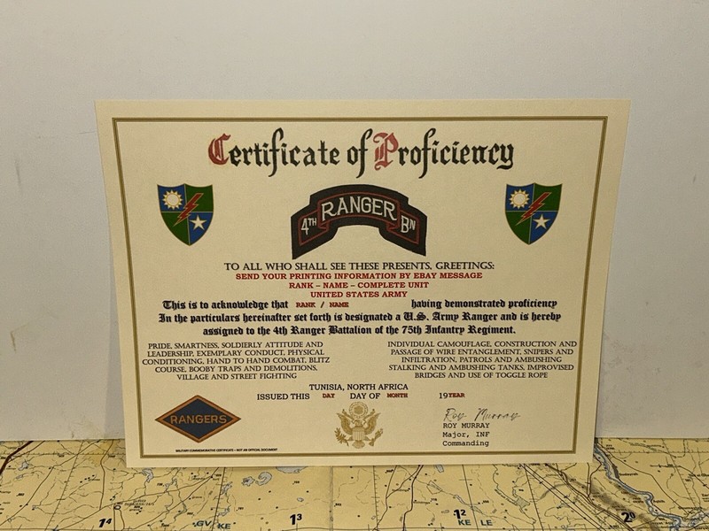U.S. ARMY - 4TH RANGER BN / WWII - PROFICIENCY CERTIFICATE (TUNISIA, N.A.) gallery