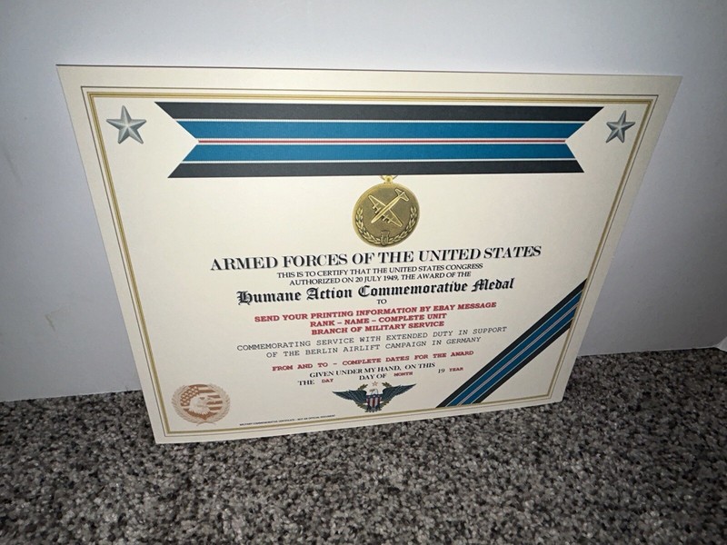 HUMANE ACTION MEDAL (1949) COMMEMORATIVE CERTIFICATE ~ W/PRINTING TYPE-1 gallery