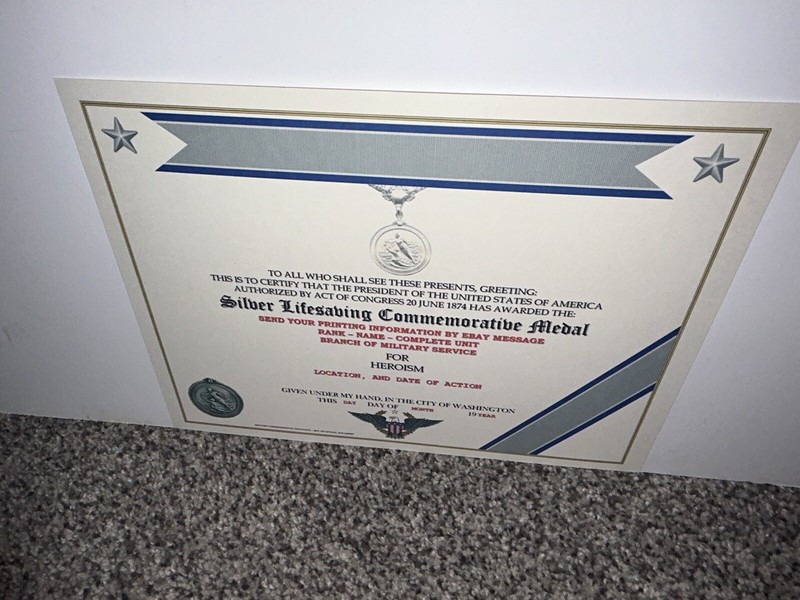 SILVER LIFESAVING MEDAL COMMEMORATIVE MEDAL CERTIFICATE ~ W/PRINTING T-1 gallery