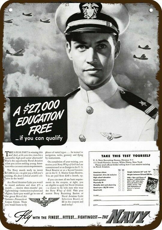 1942 U.S. NAVY Officer Pilot Recruiting Vintg-Look DECORATIVE REPLICA METAL SIGN