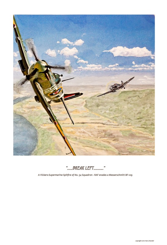 RAF Supermarine Spitfire engaged by a BF 109 Poster from an Original Watercolor