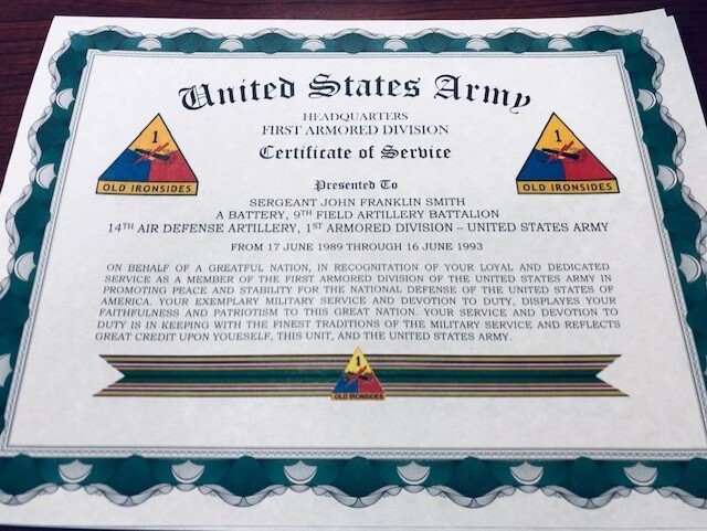 U.S. ARMY ~ ARMOR DIVISIONS CERTIFICATE OF SERVICE / With FREE PRINTING