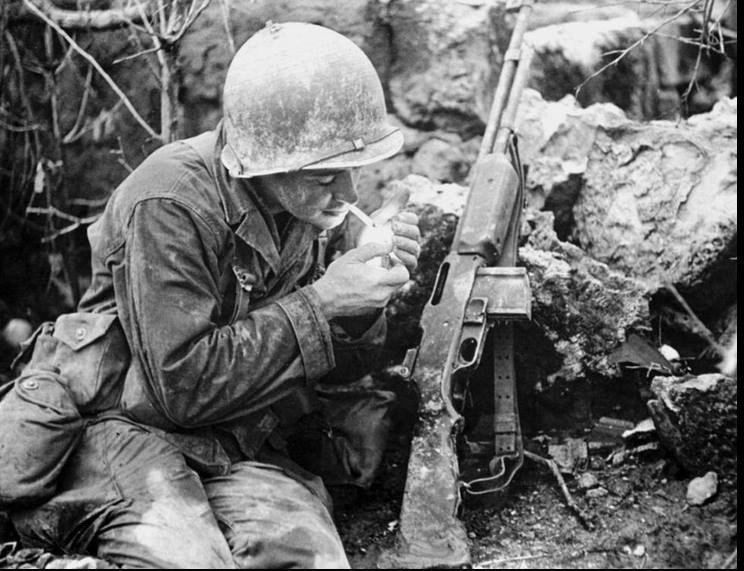 WW2 Photo WWII USGI Smoke Break Okinawa May 1945 BAR Rifle World War Two / 1239
