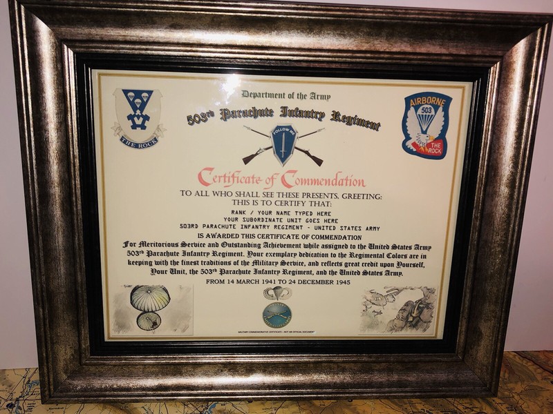 503RD PARACHUTE INFANTRY REGIMENT / COMMEMORATIVE – CERTIFICATE OF COMMENDATION