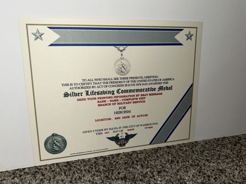 SILVER LIFESAVING MEDAL COMMEMORATIVE MEDAL CERTIFICATE ~ W/PRINTING T-1