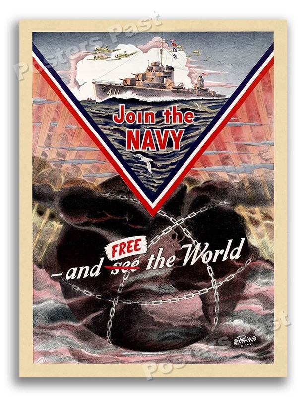 1942 “Join the Navy – Free the World” Vintage Style WW2 Poster – 24×32