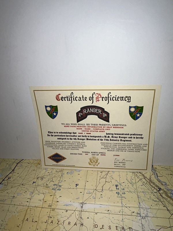 U.S. ARMY - 4TH RANGER BN / WWII - PROFICIENCY CERTIFICATE (TUNISIA, N.A.) gallery