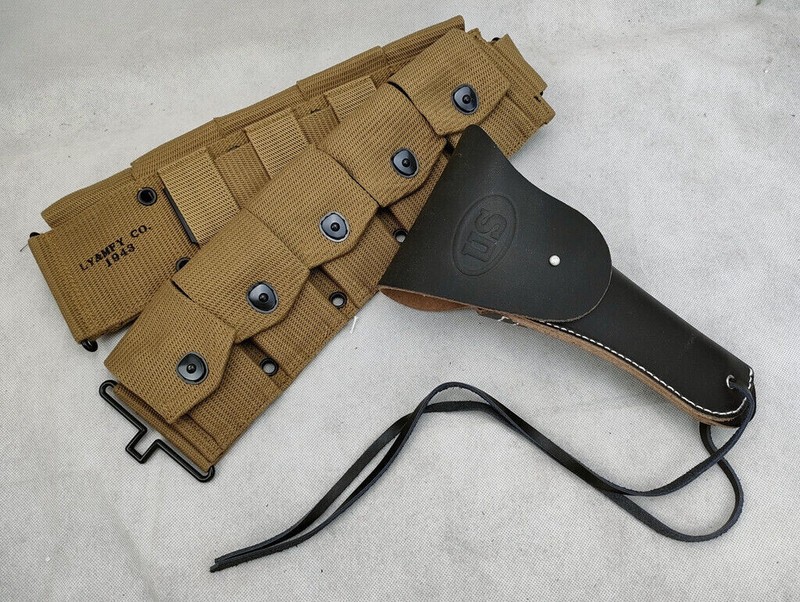 WW2 US ARMY M-1923 CARTRIDGE BELT& M1911 BLACK LEAHTER POUCH COMBINATION