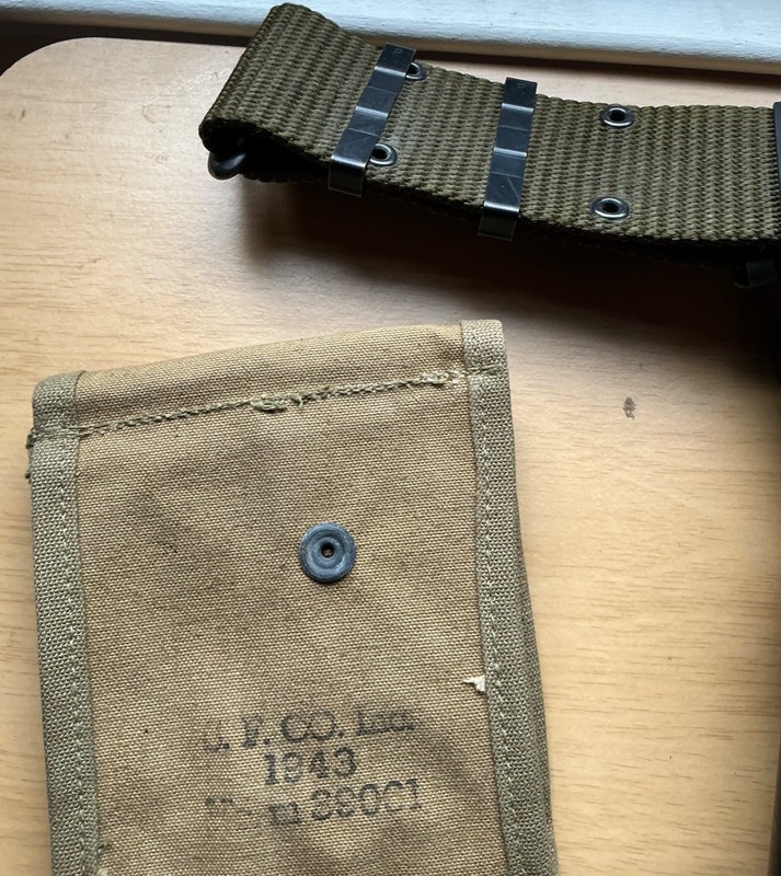 WWII US Army belt with 1911 45ACP holster and a mag pouch (reproductions - used) gallery