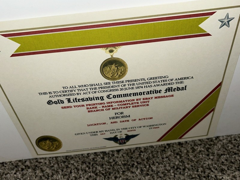 GOLD LIFESAVING MEDAL COMMEMORATIVE MEDAL CERTIFICATE ~ W/PRINTING T-1 gallery