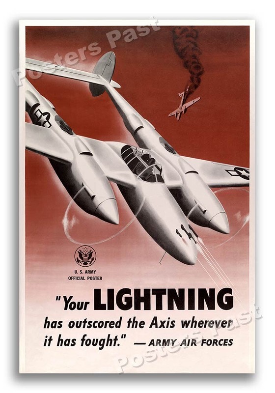 1940s Lockheed P-38 Lightning Air Force WWII Historic War Poster – 16×24