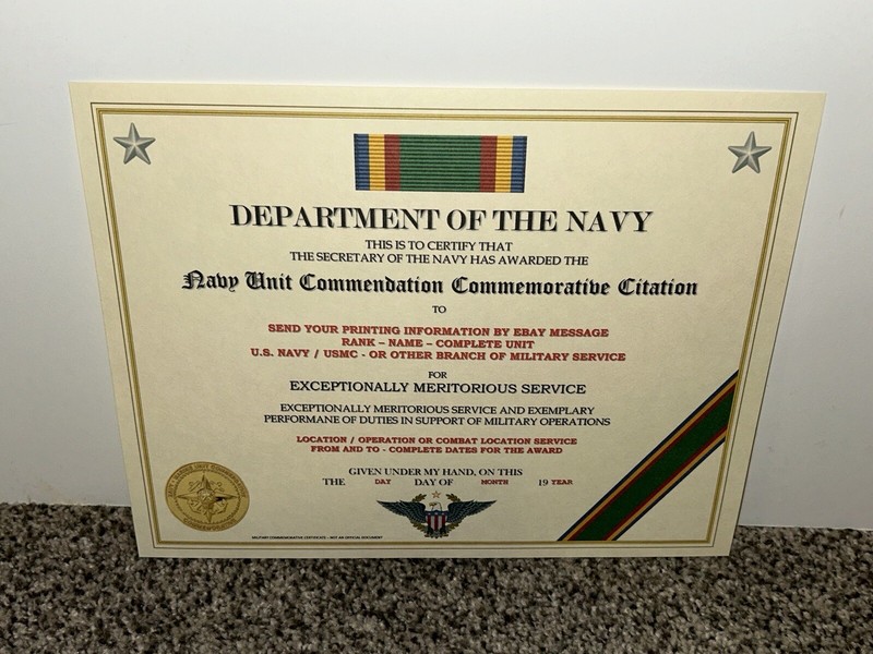 U.S. NAVY UNIT COMMENDATION COMMEMORATIVE CITATION CERTIFICATE ~W/PRINTING T-1 gallery