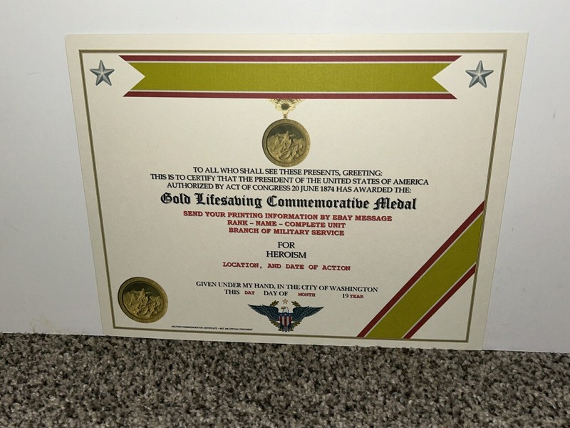 GOLD LIFESAVING MEDAL COMMEMORATIVE MEDAL CERTIFICATE ~ W/PRINTING T-1 gallery