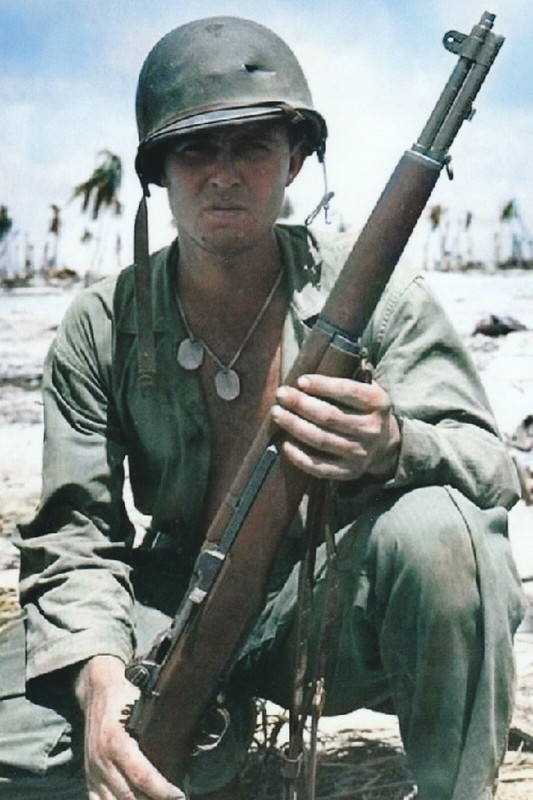 WW II – Usa Photo – US Soldier With His M1 Garand – Bullet Hole In Helmet