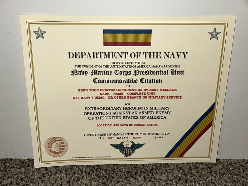 NAVY / MC PRESIDENTIAL UNIT COMMEMORATIVE CITATION CERTIFICATE ~ W/PRINTING T-1