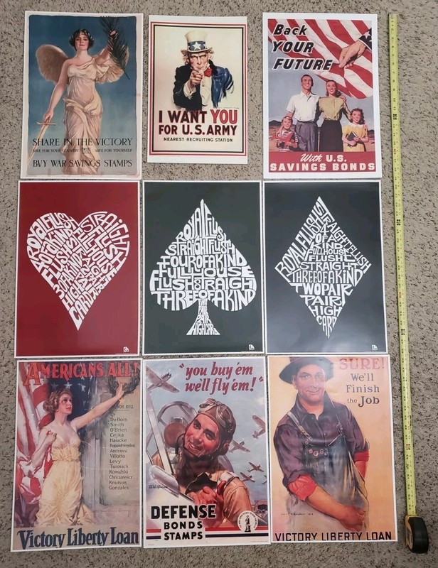 Lot Of 9 WWI & WWII War Bond Victory / Poker Hands By Pop Art Poster Reprints