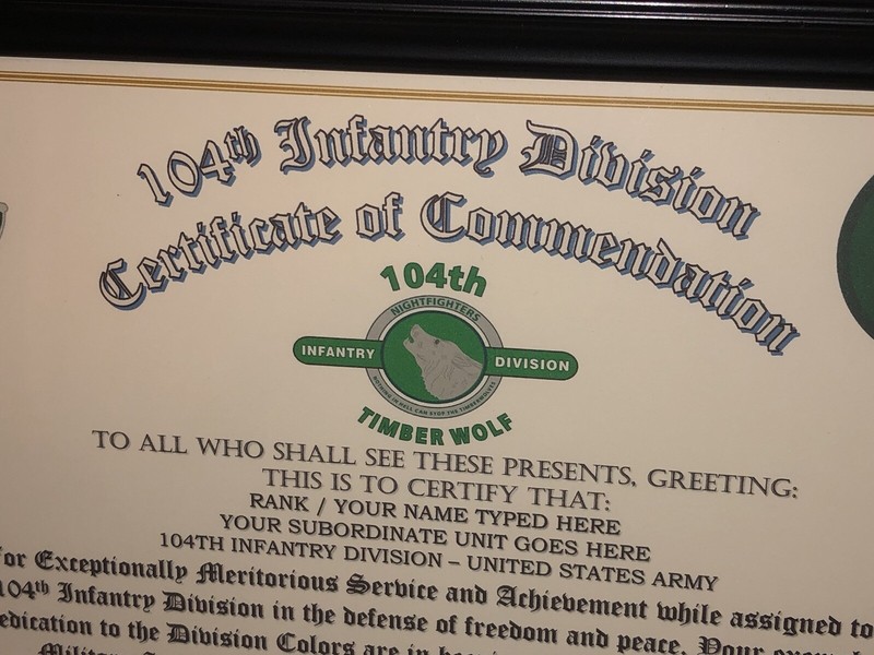 104TH INFANTRY DIVISION / COMMEMORATIVE - CERTIFICATE OF COMMENDATION gallery
