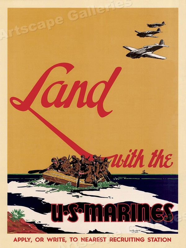 Land With the Marines 1942 WW2 Marines Recruiting Poster – 18×24