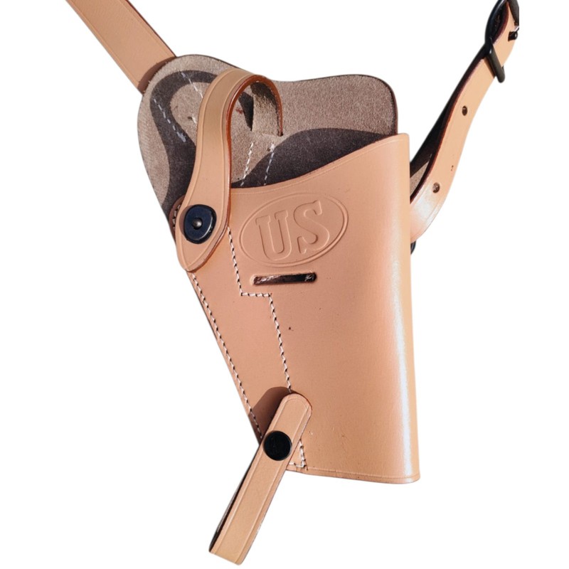 US Colt Leather Shoulder Holster Tan with WWII US M1911 Ebony Wood Colt Pistol gallery