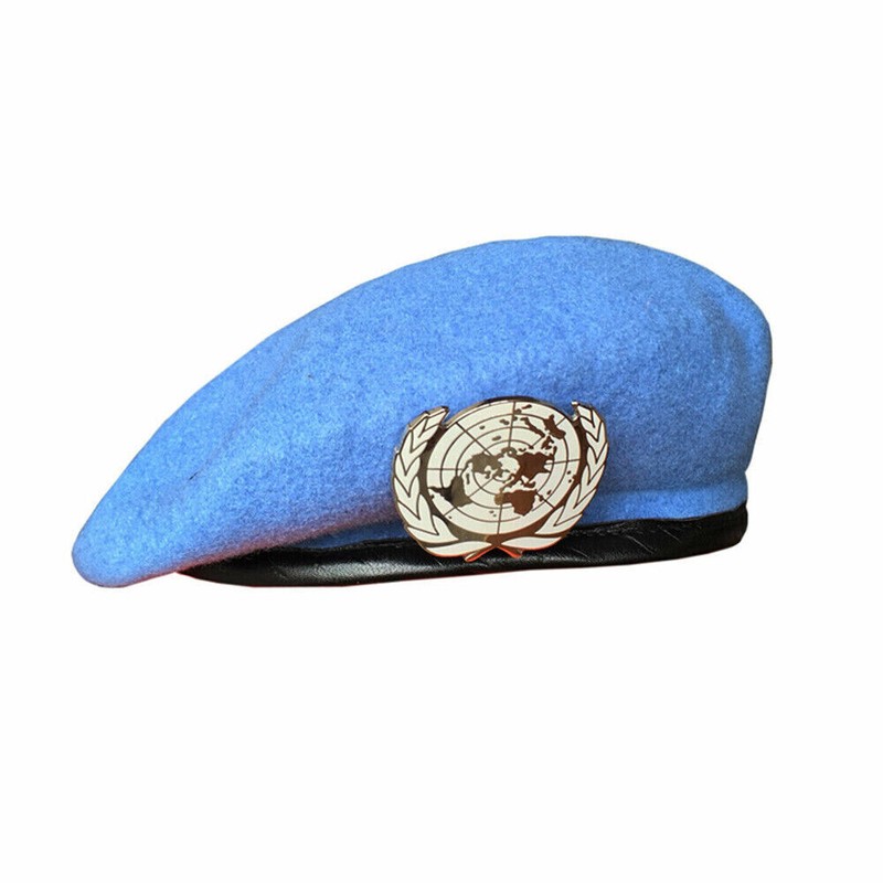 UN BLUE WOOL BERET United Nations Peacekeeping Force Hat With UN Badge SIZE XL gallery