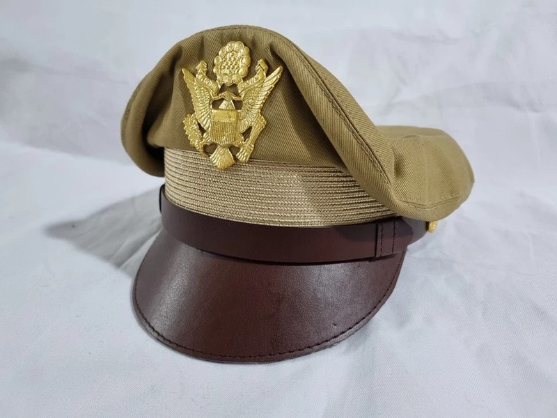WW2 US Army Aircorps Military Airforce Officers Khaki Crusher Visor Hat Cap Repr gallery