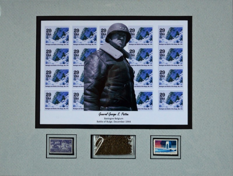 General George Patton, Bastogne Dirt, Stamps, double matted 12×16 NEW COA includ