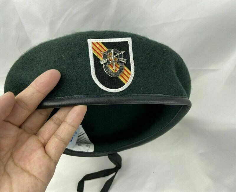 VIETNAM WAR US ARMY 5TH SPECIAL FORCES GROUP GREEN BERET WOOL HAT XL 7-1/2 gallery