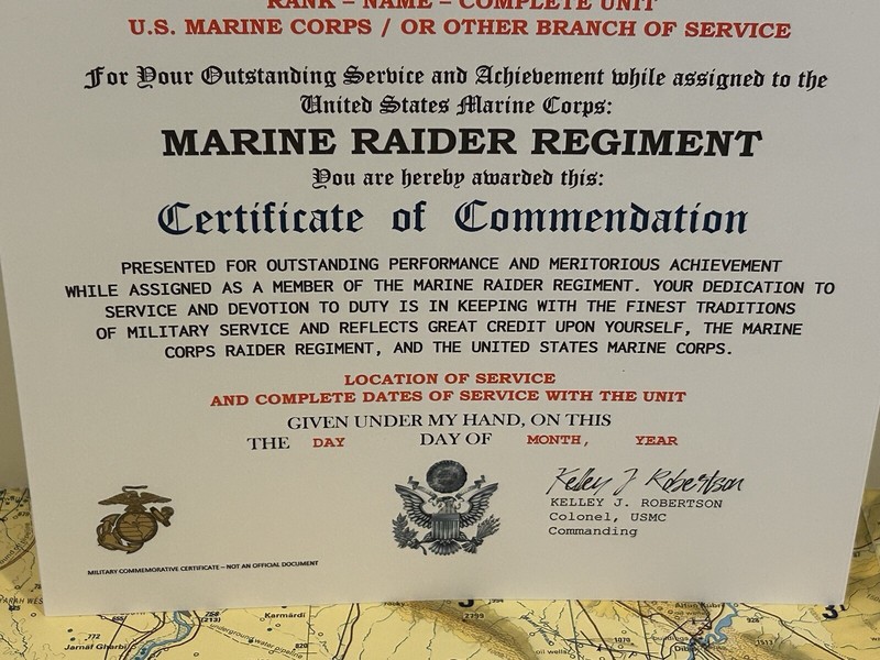 U.S. MARINE CORPS / MARINE RAIDER REGIMENT - CERTIFICATE OF COMMENDATION gallery
