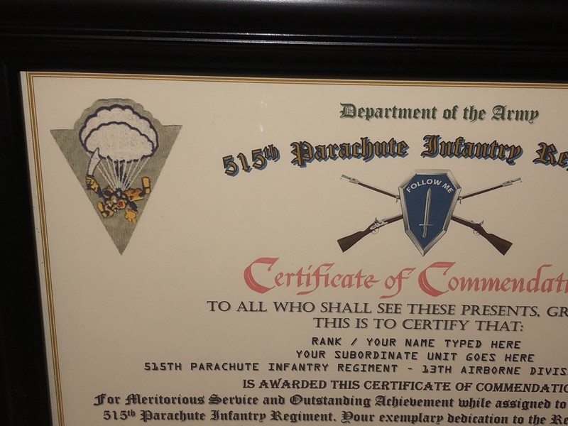 515TH PARACHUTE INFANTRY REGIMENT / COMMEMORATIVE - CERTIFICATE OF COMMENDATION gallery