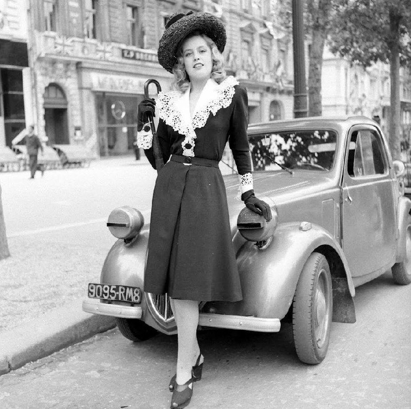 WW2 WWII Photo French Woman Poses by Car World War Two France / 8075