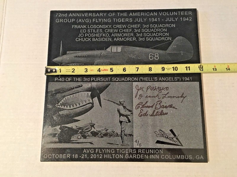 Flying Tigers/AVG 72nd Anniv. Laser Etched Granite Plaque Signed by 3rd Squadron gallery