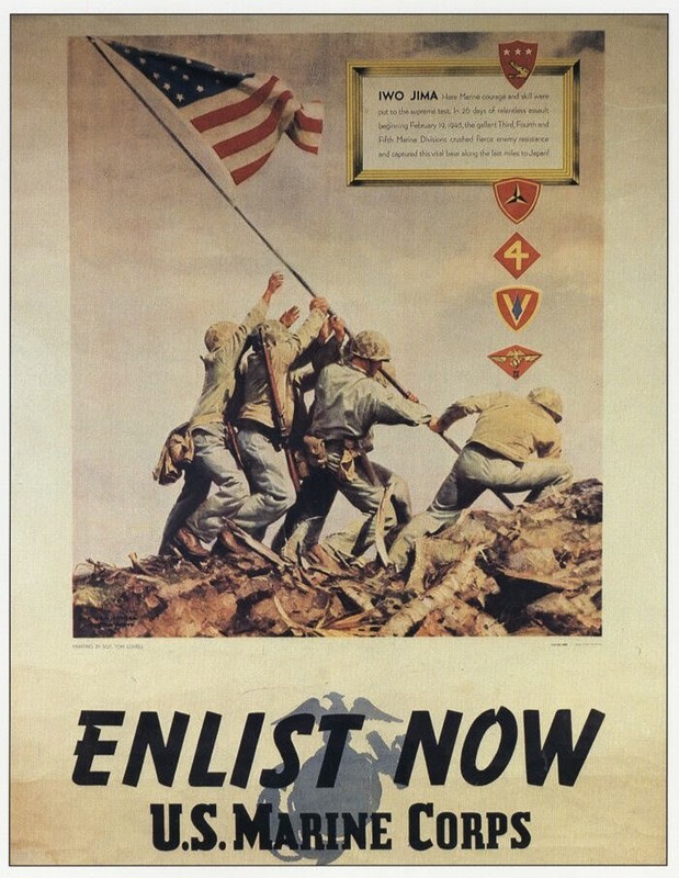 Enlist NOW: US Marine Corps Flag Iwo Jima WWII Mini Poster 1991 Illustration