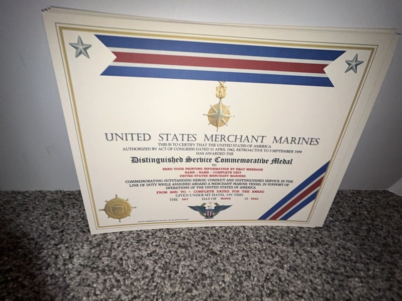 USMM DISTINGUISHED SERVICE MEDAL COMMEMORATIVE CERTIFICATE ~ W/PRINTING TYPE-1
