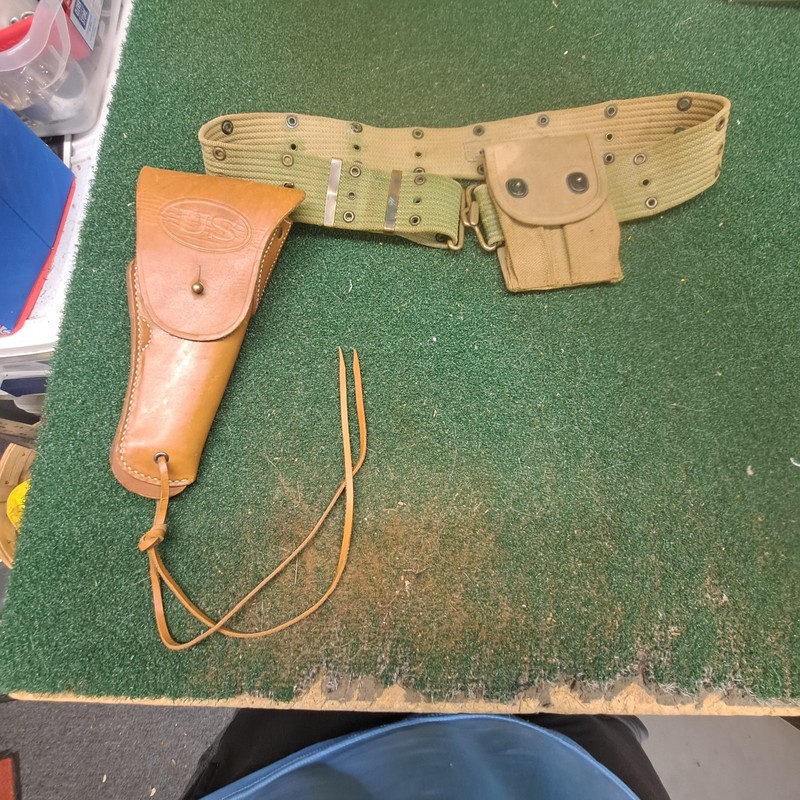 WW2 US ARMY RIA 1916 T.C.C .45 HOLSTER WITH AMMO POUCH & WEBBING BELT