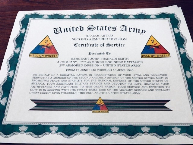U.S. ARMY ~ ARMOR DIVISIONS CERTIFICATE OF SERVICE / With FREE PRINTING gallery