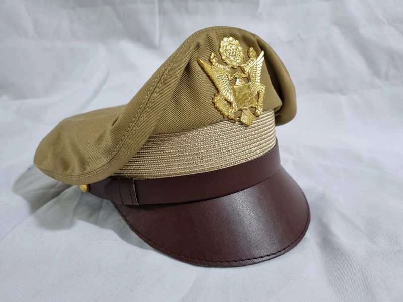 WW2 US Army Aircorps Military Airforce Officers Khaki Crusher Visor Hat Cap Repr gallery