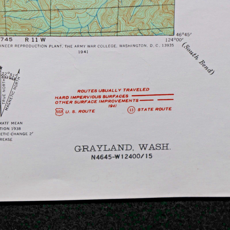 Corps of Engineers US Army Tactical Map Scale 1/62500 Military Grayland WA 1941 gallery